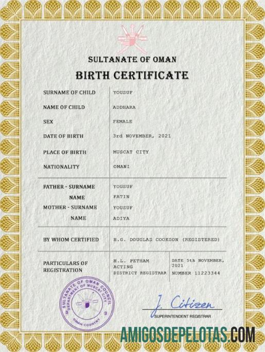 Realista modelo PSD de certidão de nascimento de registro vital de Omã